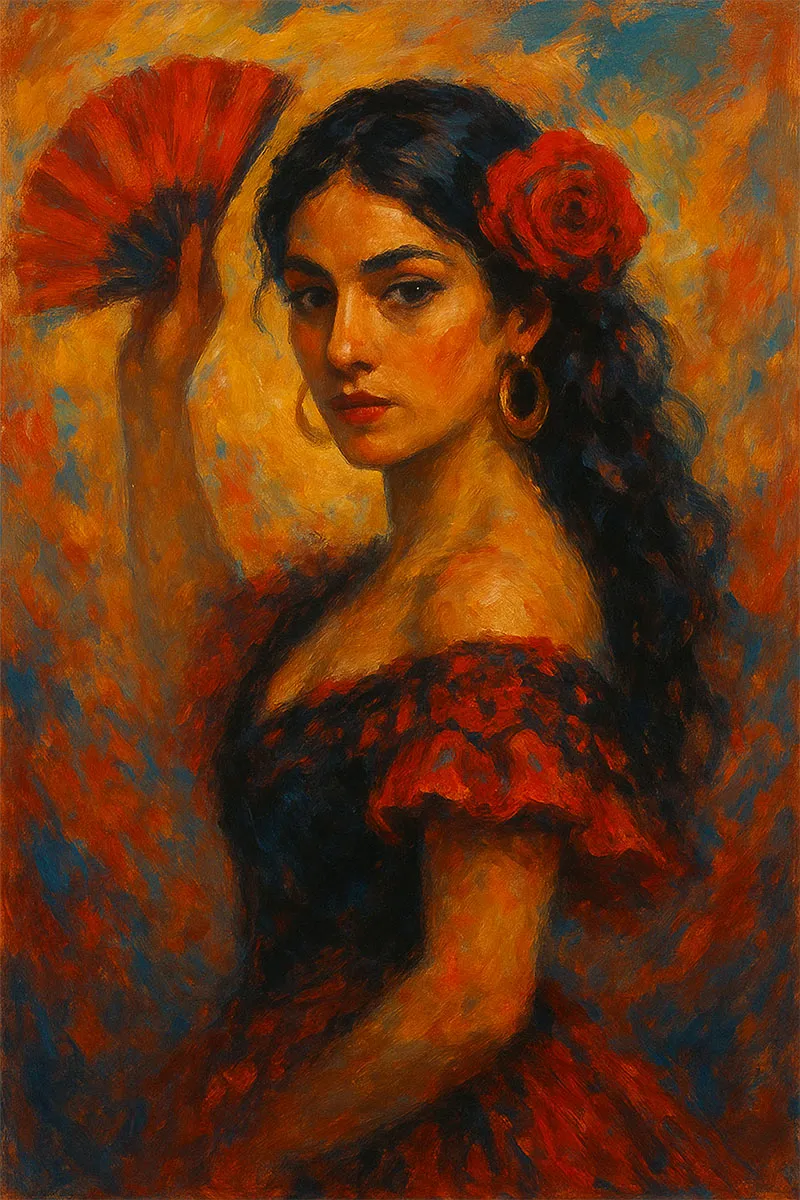 Georges Bizet'nin Carmen operasından esinlenerek hazırlanmış, kırmızı elbisesi ve elinde yelpazesiyle genç bir İspanyol kadınını betimleyen canlı ve sıcak tonlarda yağlı boya tarzında bir portre.