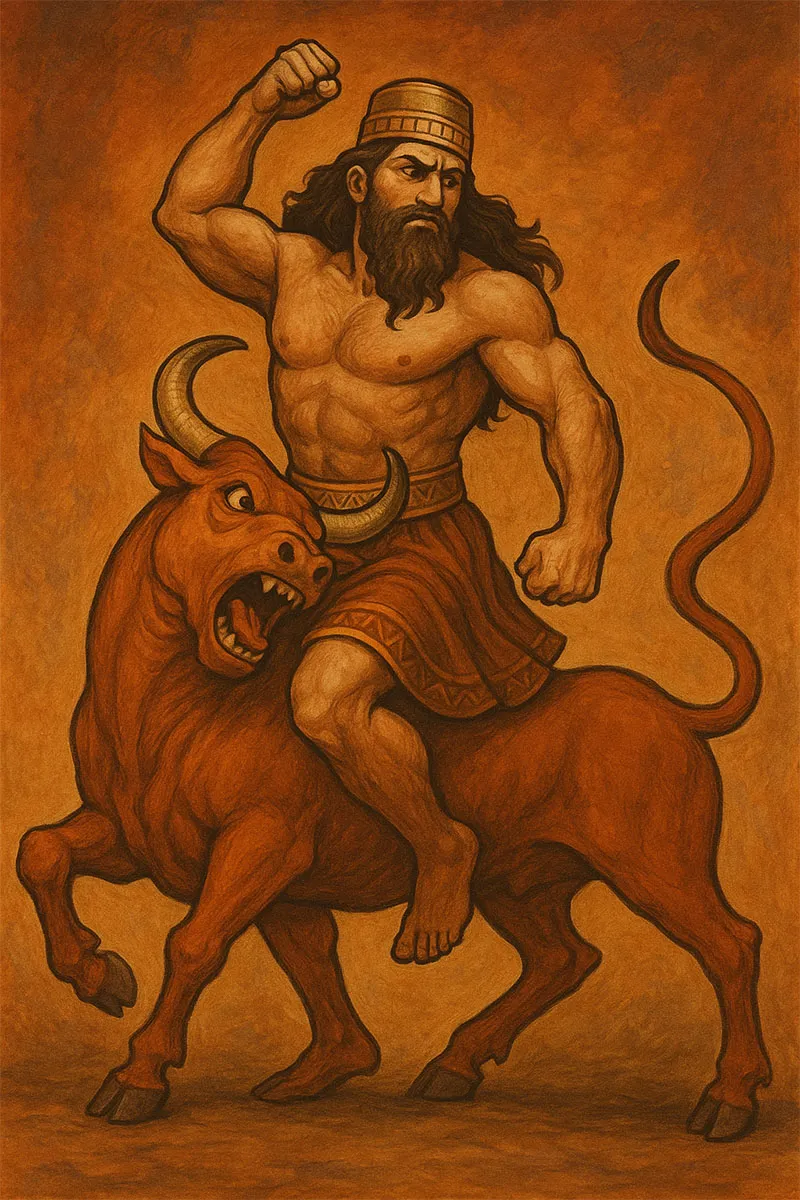 Geleneksel bir resim çalışması: Kaslı, uzun saçlı ve sakallı Gılgamış, öfkeli bir boğayı dizginlerken tasvir edilmiş. Sırtında geleneksel motiflerle süslenmiş kısa bir etek ve başında bir taç taşıyor. Arka plan sıcak toprak tonlarında, destansı ve tarihi bir atmosfer yaratıyor.