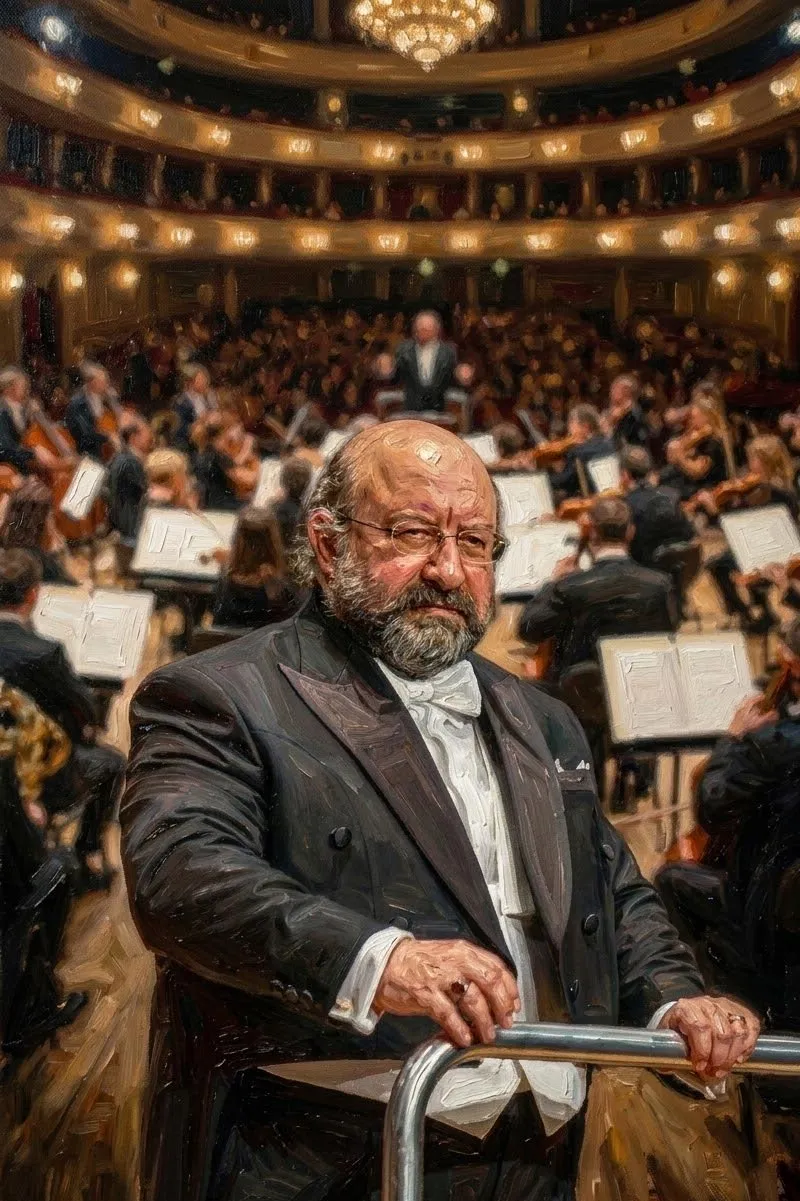 Orkestra şefi Serdar Yalçın'ın podyumda, şef kürsüsünün önündeki metal korkuluğa yaslanarak betimlendiği; arka planda flulaştırılmış bir orkestra, nota sehpaları ve görkemli bir opera salonunun localarının yer aldığı, belirgin fırça darbelerine sahip yağlı boya tablo tarzında dikey portre.